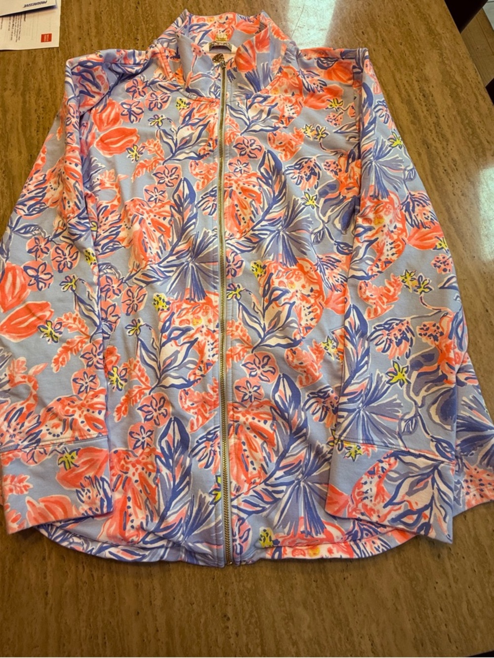 Lilly Pulitzer SIze XXL Blue Zip up top with Pink & Coral Floral Print